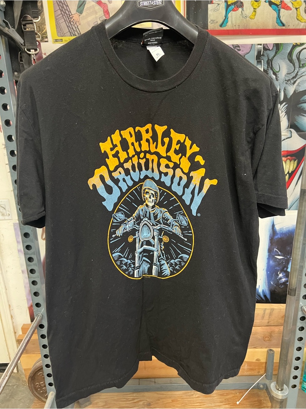 Harley-Davidson Black Tee with Yellow and Light Blue Skull Rider Graphic